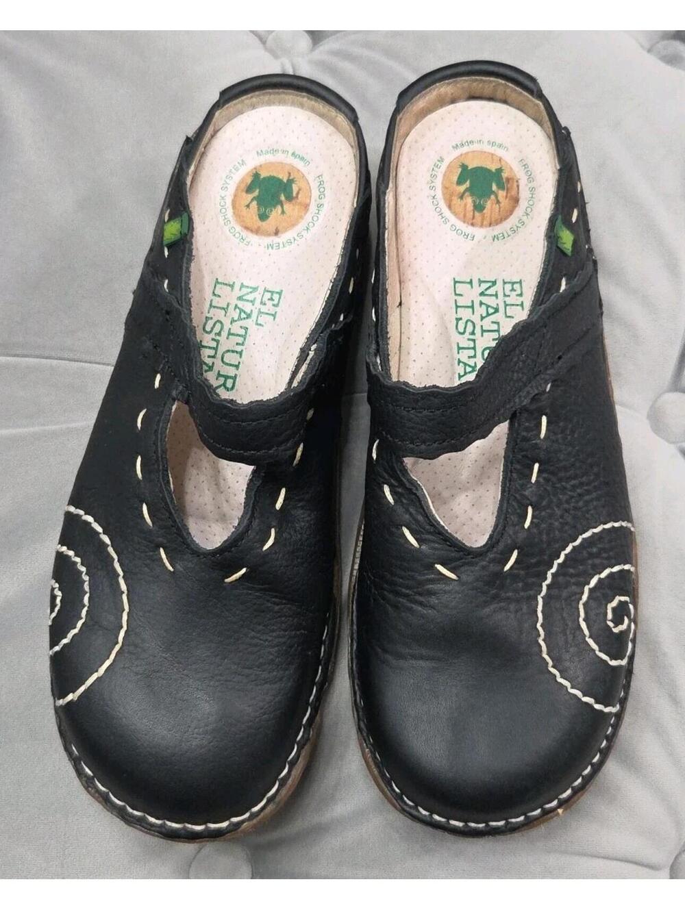 El Naturalista Yggdrasil Black Leather Mules Womens Mary Jane Clogs Shoes 36 6